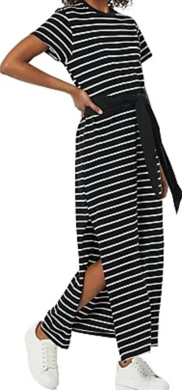 Monrow Pocket T Shirt Dress Maxi Round Neck Side Slits Pullover Cotton Olive XL